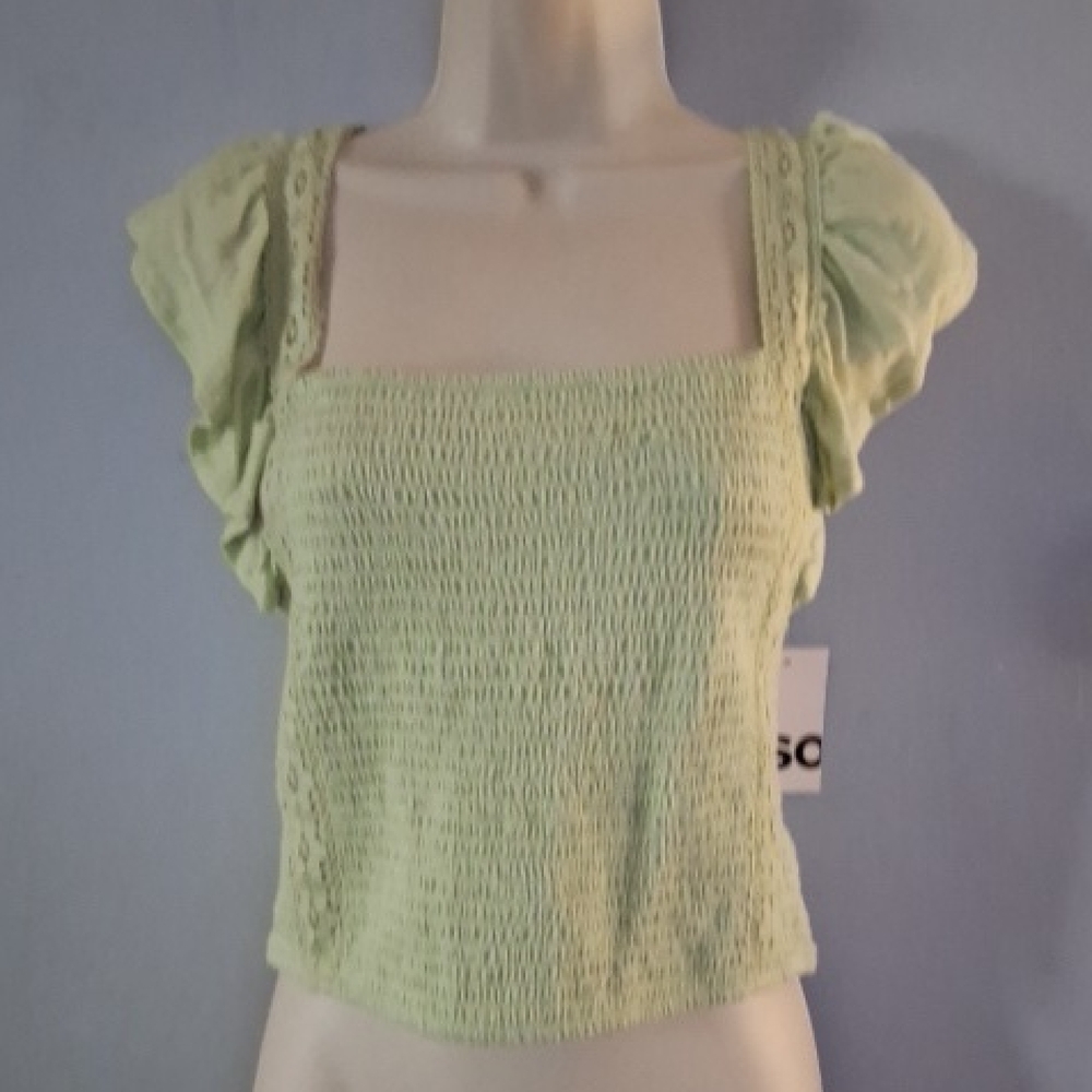 SO Green Smocked Top with Flutter Sleeves